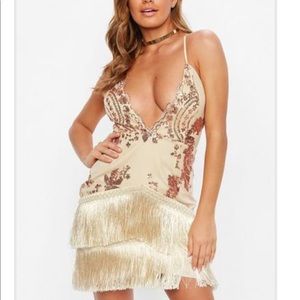 Nude strappy plunge gold sequin tassel mini dress